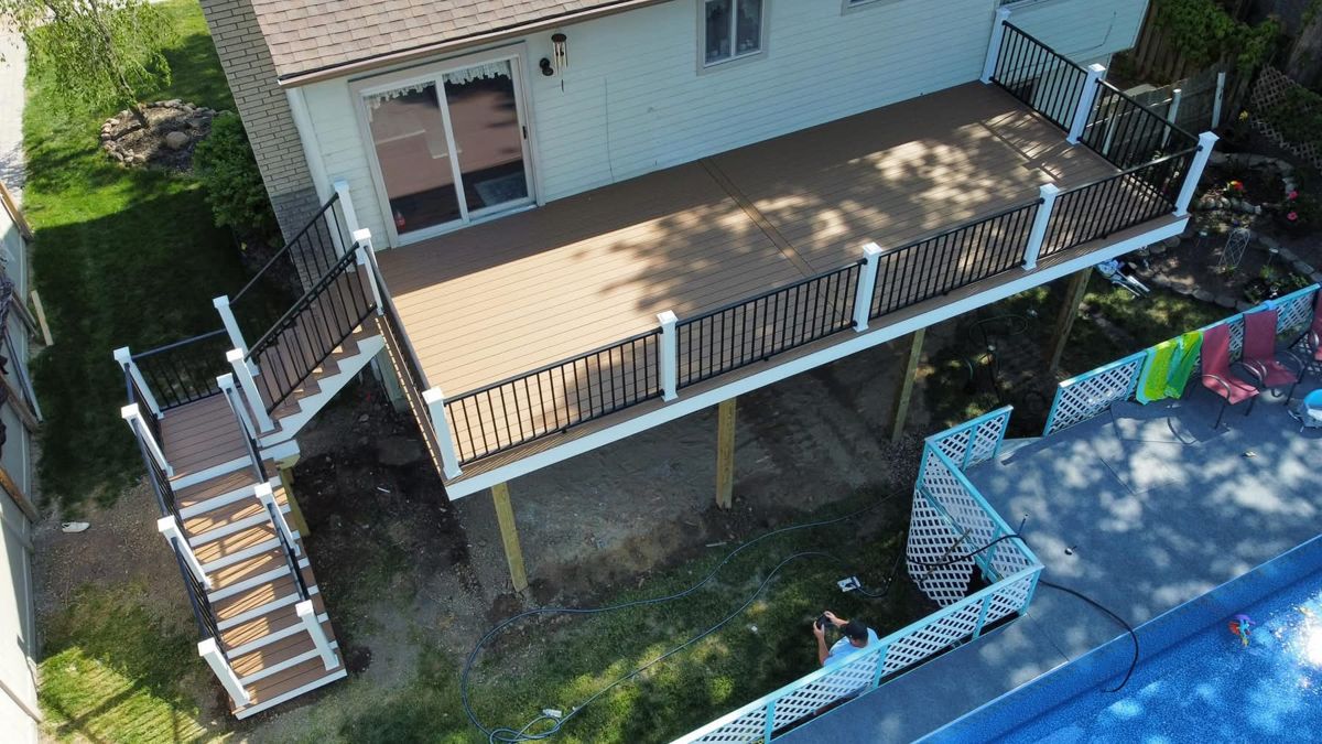 Aerial view of elevated deck overlooking pool