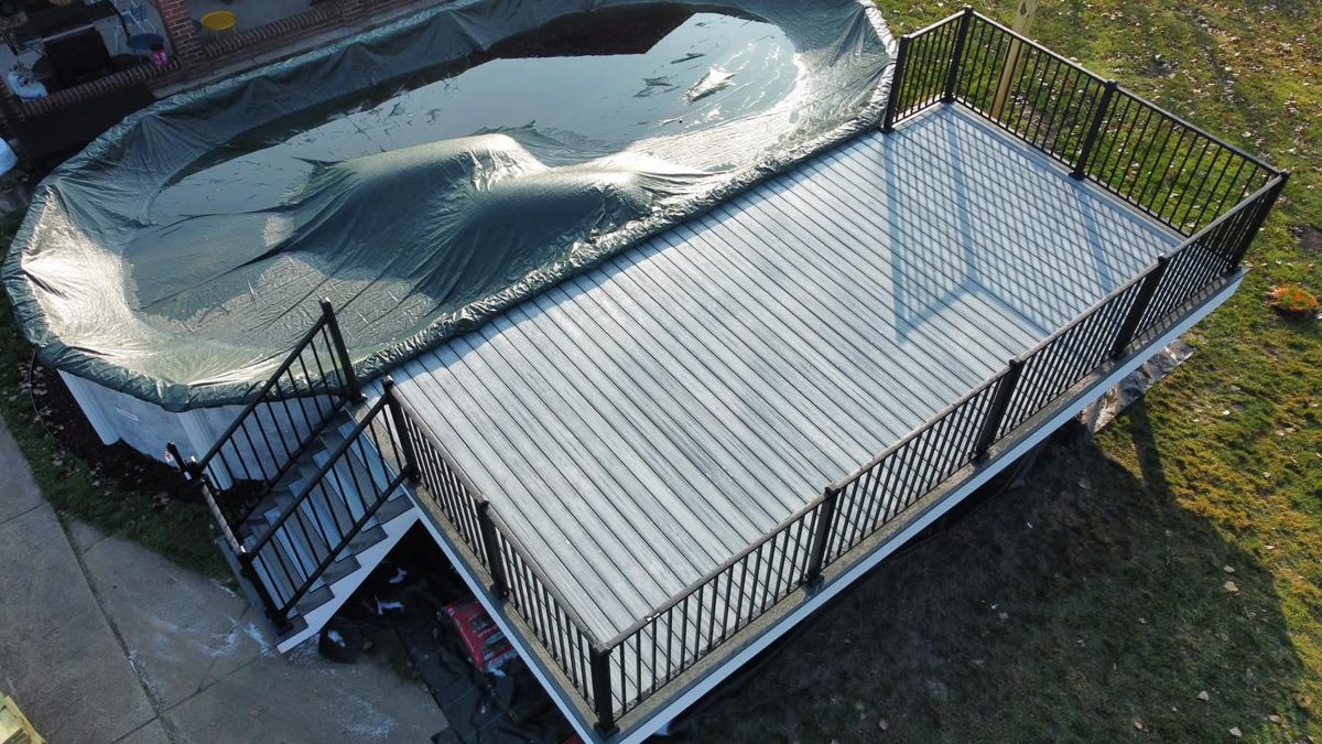 Aerial view of elevated composite deck with stairs